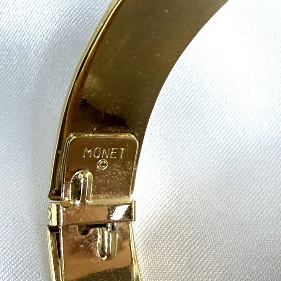 Vintage Monet Gold Tone Textured Hinged Cuff Bracelet - Picture 5 of 6